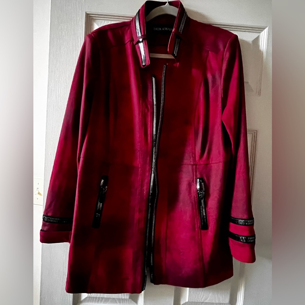 Red and Black  Faux Suede Long Jacket with Silver Accents Trim